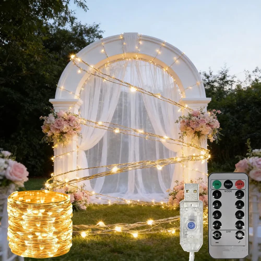 Luci a stringa natalizie con filo in rame/argento, telecomando USB, luci LED fatate per decorazione camera da letto, albero di Natale, matrimonio
