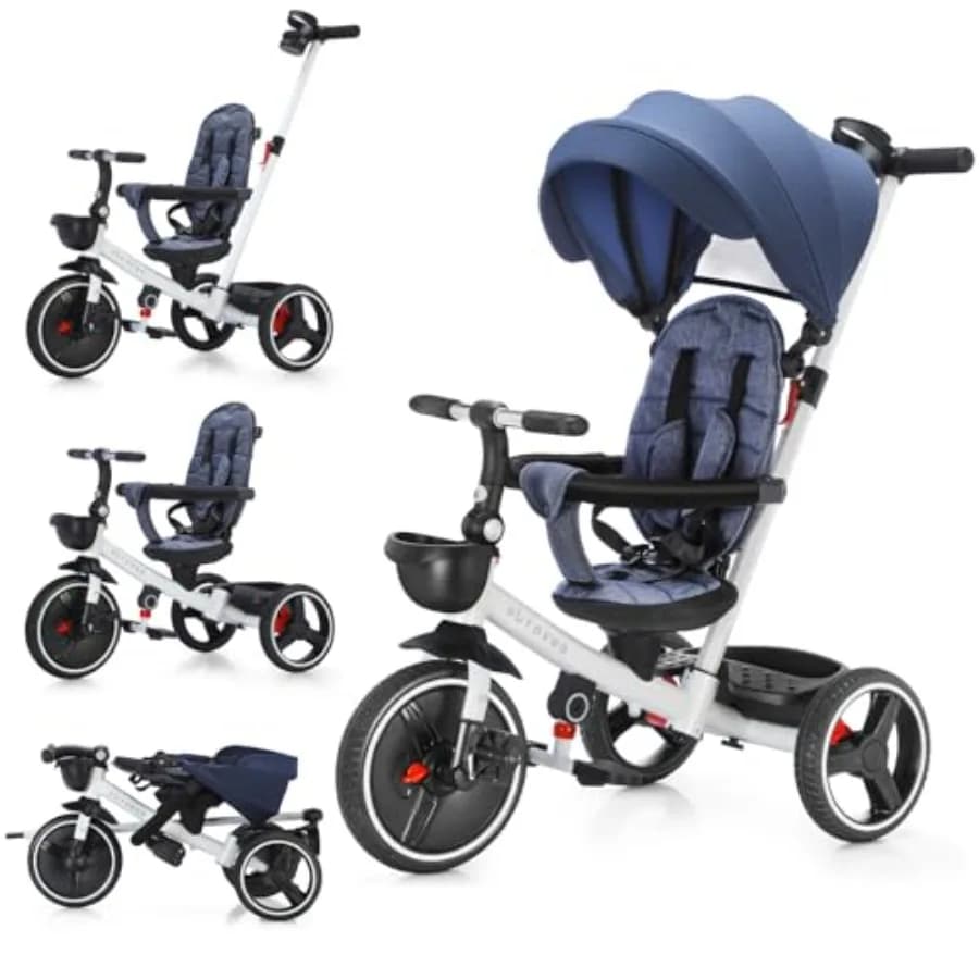 Triciclo Pieghevole 6-in-1 per Bambini da 10 Mesi a 5 Anni con Maniglia Regolabile per Genitori, Imbracatura di Sicurezza, Freni a Ruota e