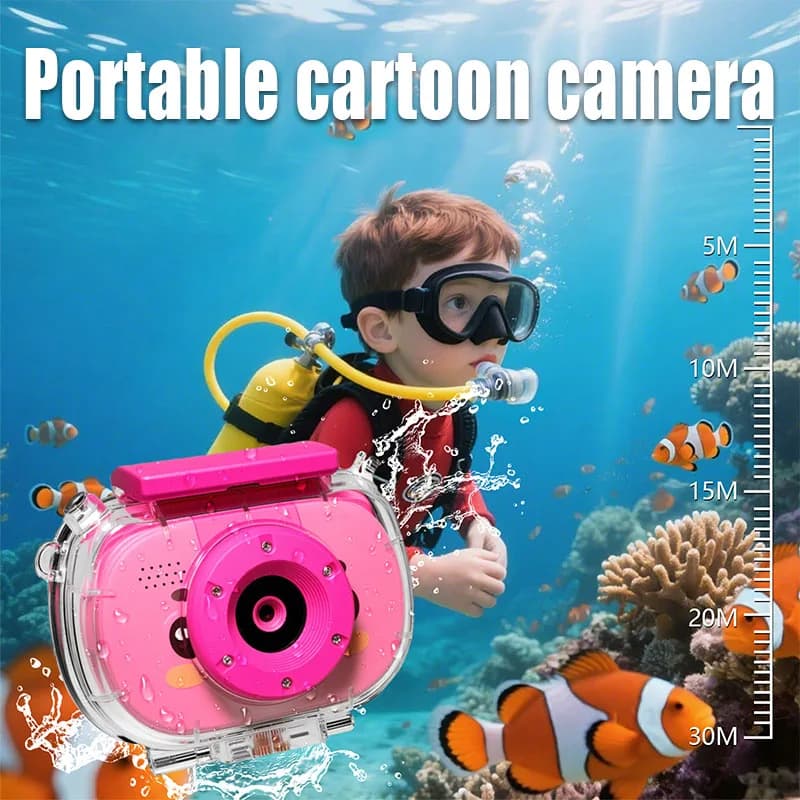 Waterproof multifunctional portable camera for children, includes waterproof case, tipping camera, supports photo and video shooting.
