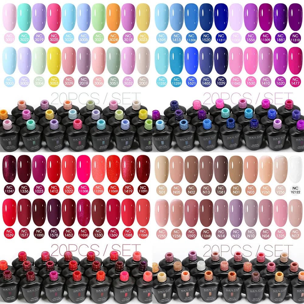 NAILCO Set da 20 pezzi di smalti gel colorati per nail art, smalto UV semipermanente, forniture per unghie per professionisti, per manicure, top coat