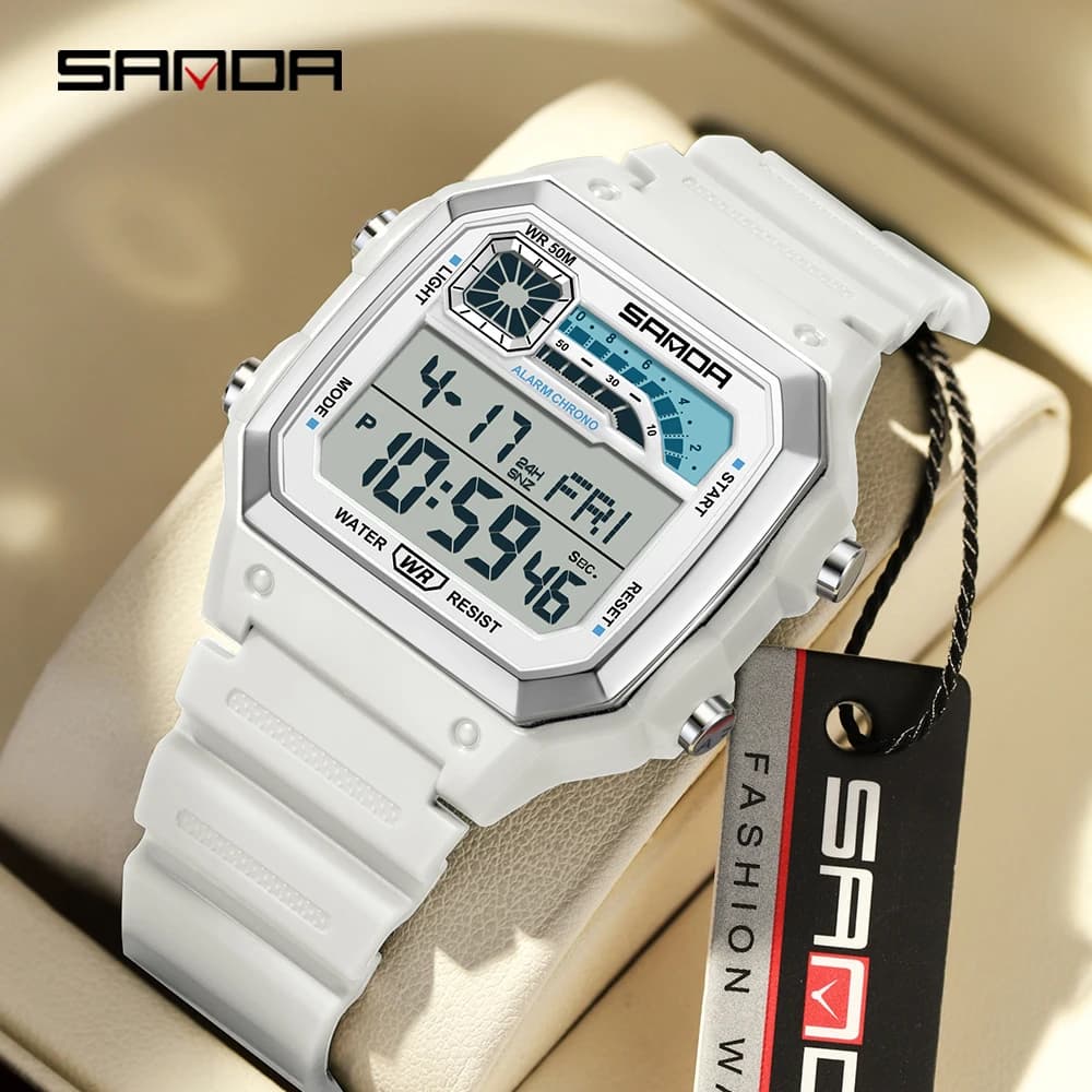 SANDA 6196 Men's electronic watches Men's wristwatch with round square fashion bright stainless steel strap