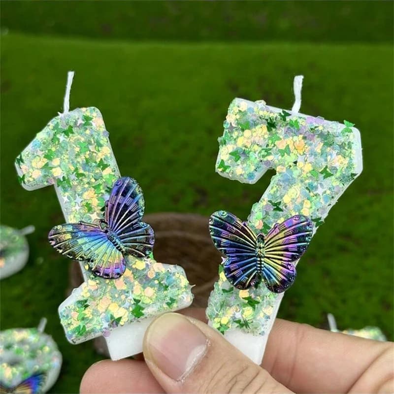 1Pc Green Sequins Number 0-9 Butterfly Candles Decoration Birthday Party Bombers Cupcake Topper Cake Decor Supplies