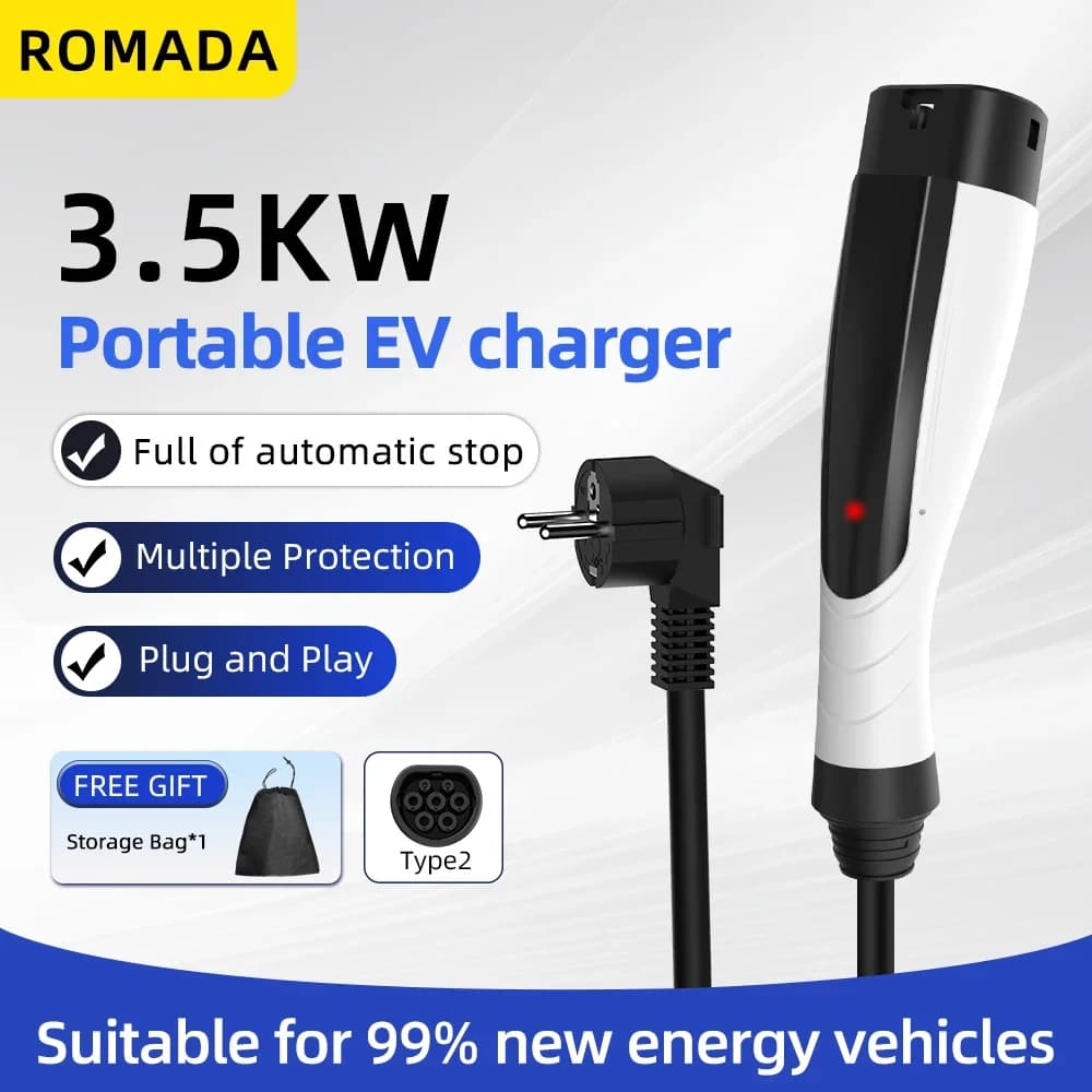 NEW ROMADA 3.5KW 16A Portable EV Charger Cable 3M-10M IEC62196 TYPE2 EVSE EU Plug Fast Charging Safe for Electric Vehicles CE