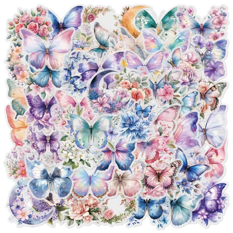 50 Pezzi Adesivi a Forma di Farfalla e Fiore per Decorazione Fai-da-Te, Cover per Telefono, Cancelleria, Quaderni, Decalcomanie Trasparenti in PVC, Giocattoli per Bambini, Regalo