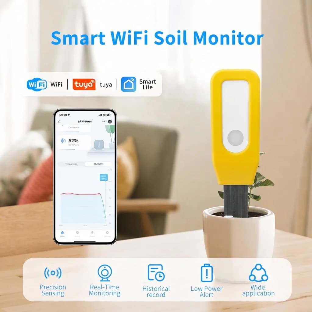 Sensore di Temperatura e Umidità WiFi Tuya, Tester Intelligente per Terreno, Monitoraggio in Tempo Reale, Allarme Batteria Scarica, Sistema di Automazione Domestica