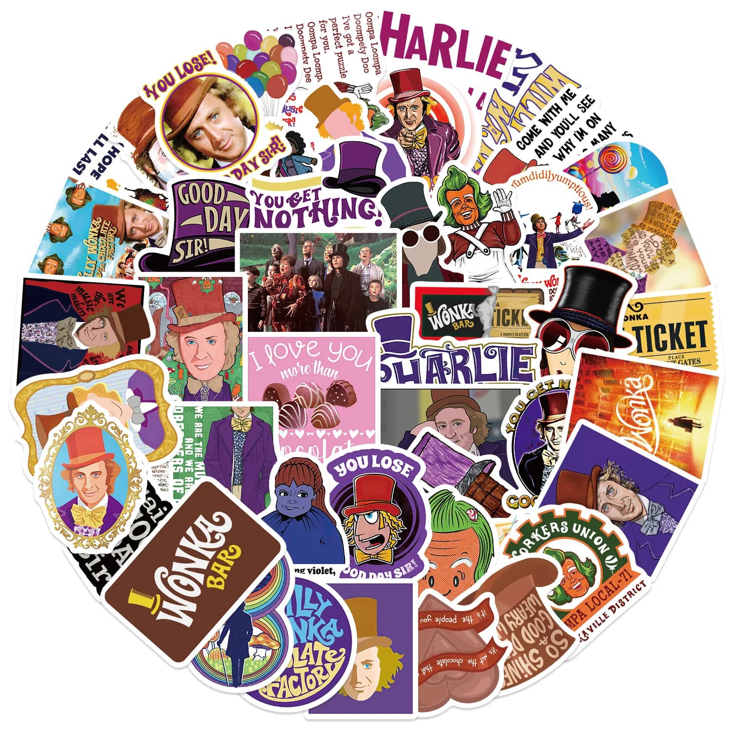 10/30/60Pcs Charlie and The Chocolate Factory Sticker For Suitcase Skateboard Laptop Luggage Phone Styling DIY Decal Pegatina