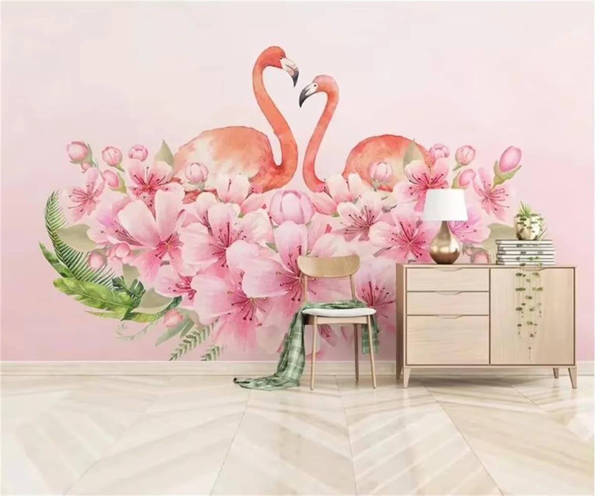 Carta da Parati Personalizzata con Piante Tropicali, Foglie di Banano, Fenicotteri, Decorazione Murale per Casa, Dipinto con Fiori e Animali