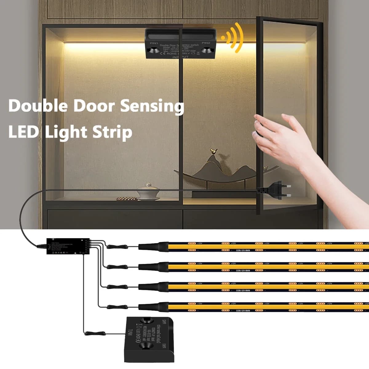 Striscia LED COB 12V con PCB Nero e Doppio Sensore di Apertura, Tagliabile, per Cantinette Multilivello, Armadi, Illuminazione Automatica su Apertura Porta