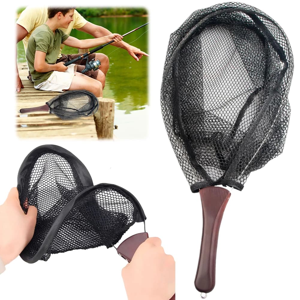 Manico in legno Rete da pesca Maglia in gomma Rete da pesca a mosca Maniglia Rete da pesca a mosca Rete di cattura e rilascio Strumenti per la pesca in flusso all'aperto