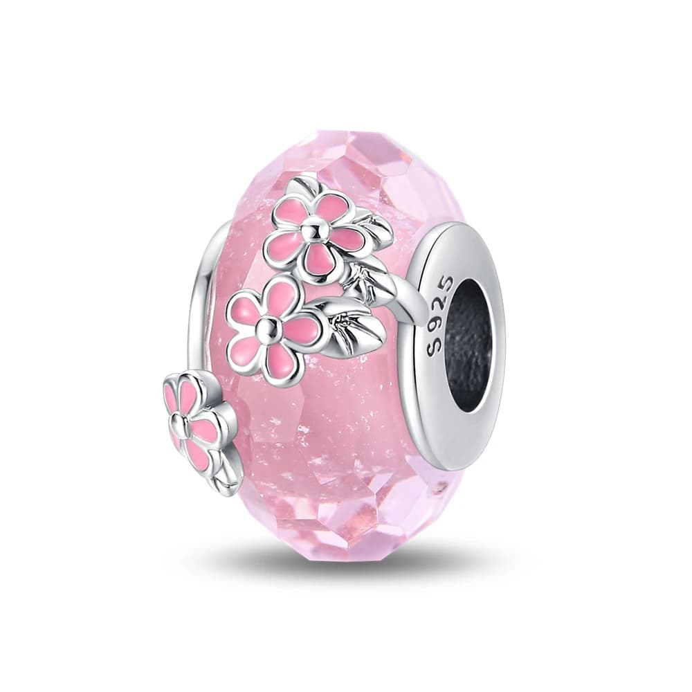 Original 925 sterling silver Sakura Glass Beads Charms Pendant Fit DIY bracelet necklace Gift for Her,Colgante Plata