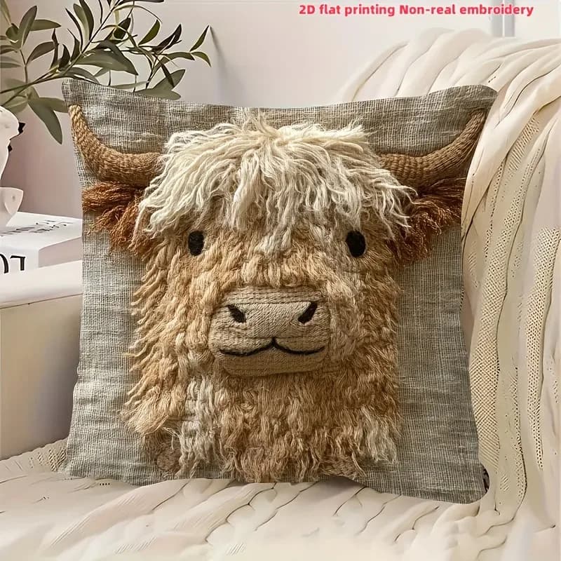 1 piece of cute pillow lining with flat 2D print with highland cow shape design, for home decorations, sofa cushion lining, home decorations, 2D printing