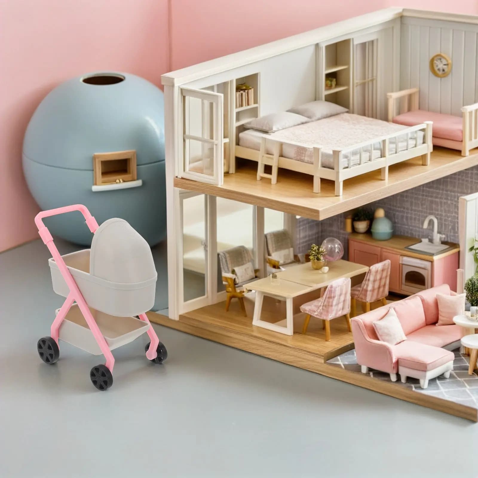 Passeggino in Miniatura per Casa delle Bambole, Alta Simulazione 1:12, Carrozzina per Bambini, Gioco Immaginativo, Giochi di Società, Decorazione per Casa delle Bambole