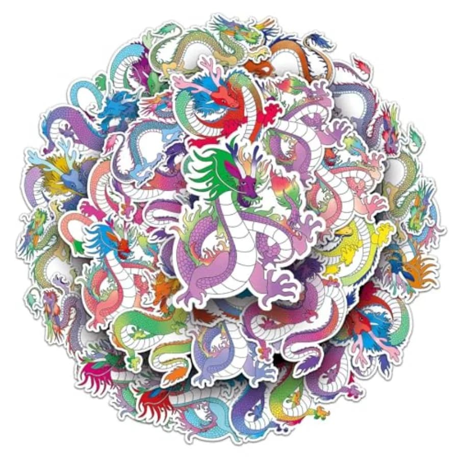 Adesivi Drago Cinese 50 Pezzi, Colorati in Vinile Stile Loong, Impermeabili per Laptop, Mappe da Viaggio, Bottiglie d'Acqua, Graffiti