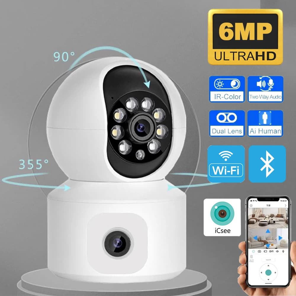 Telecamera IP WiFi iCsee 6MP con doppia lente e doppio schermo, PTZ, tracciamento automatico, telecamera di sicurezza domestica, baby monitor, videosorveglianza CCTV.