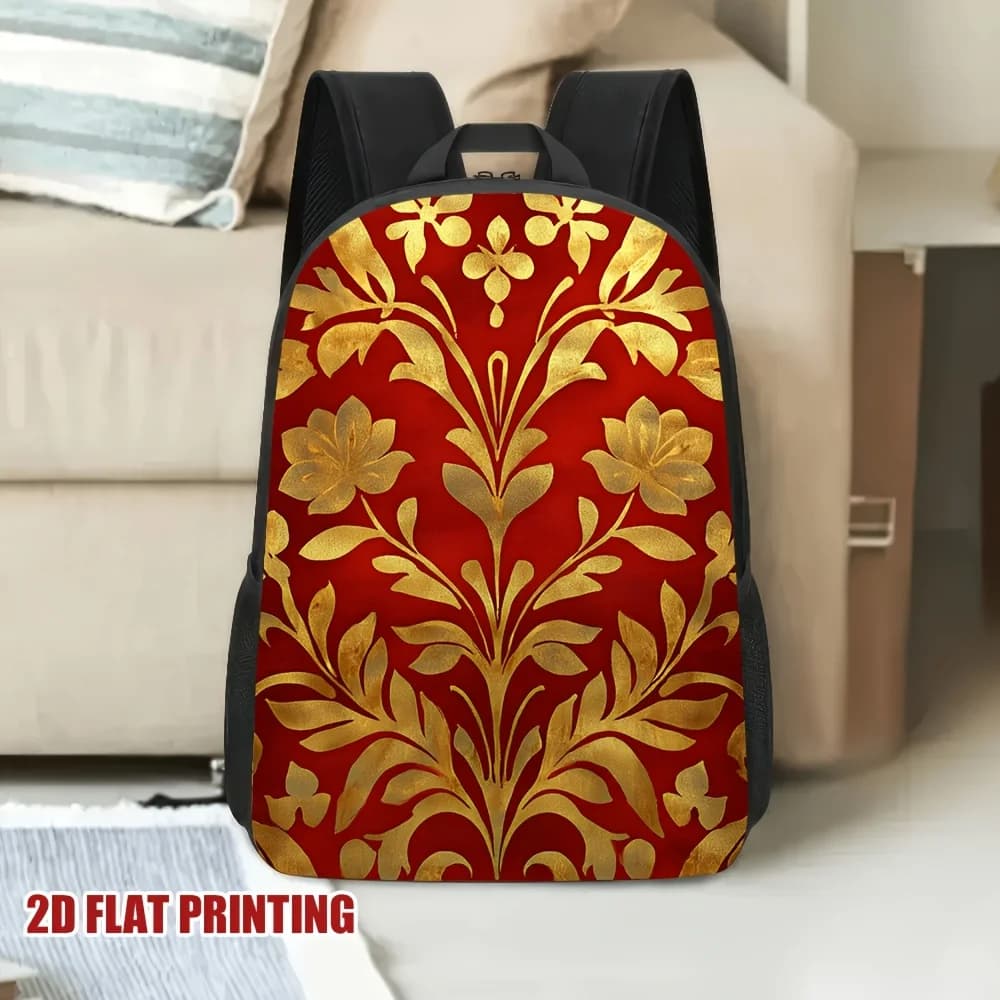 1 backpack with red and gold floral print - light with zip closure, golden details and chinese style pattern