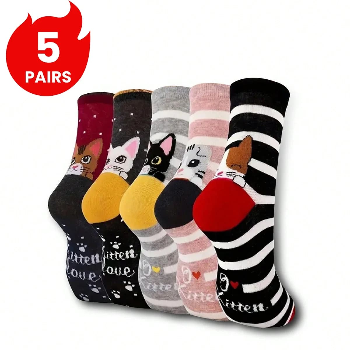 5 pairs of women's socks with cat motifs, cute, unique, fun, comfortable, breathable
