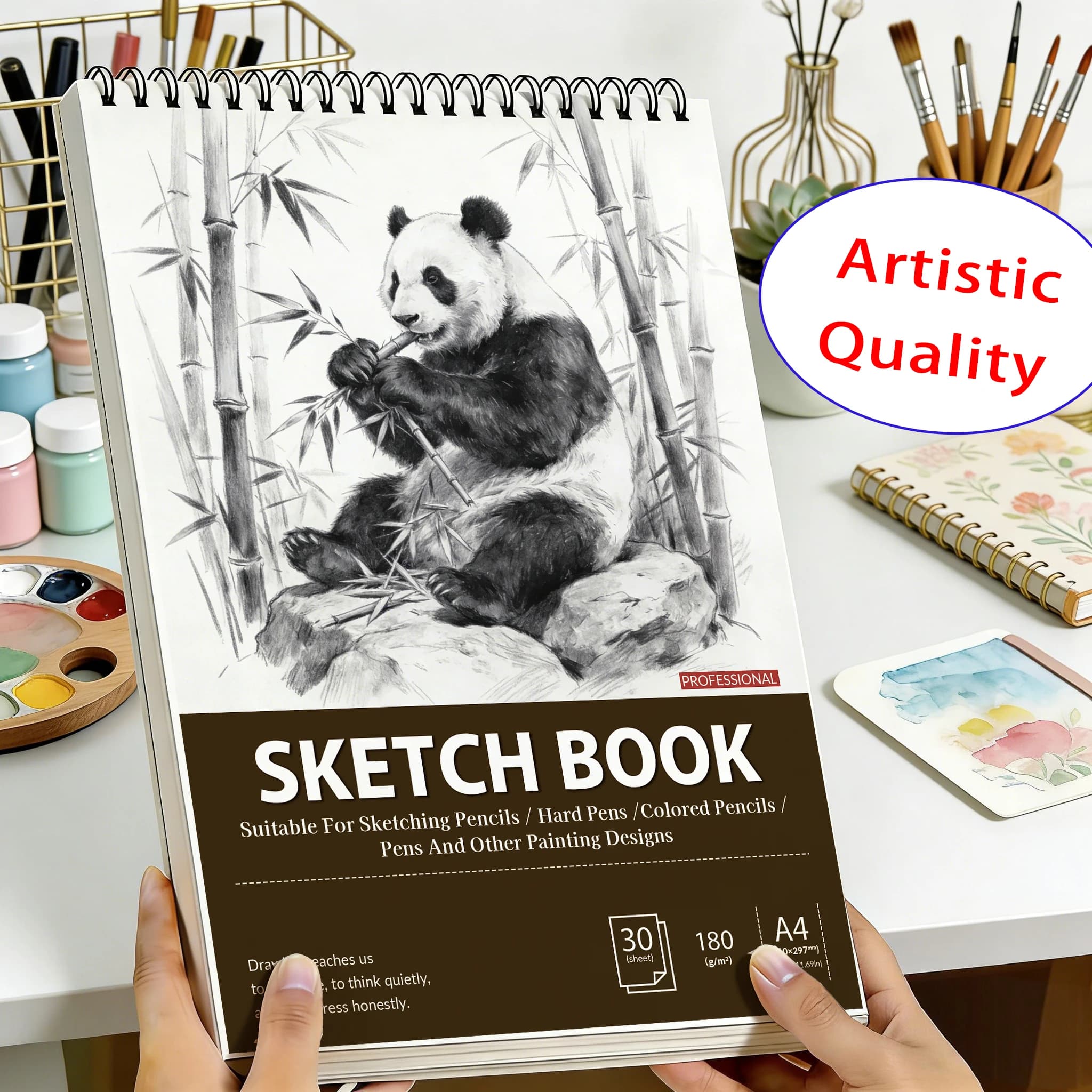 A4 Spiral Sketchbook 180gsm, Giant Panda Bamboo Cover, 30 Sheets Acid-Free Art Pad for Back to School & Gifting