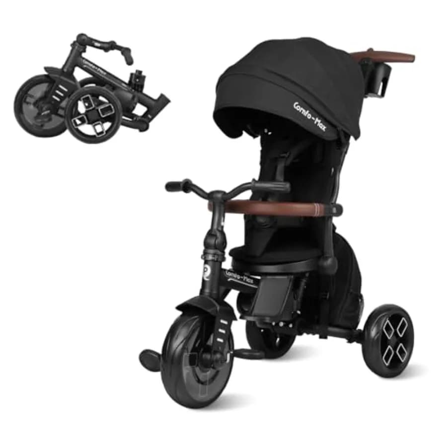 Passeggino Bici Pieghevole 8-in-1 per Bambini da 10 Mesi a 6 Anni, Manubrio Regolabile con Triplo Poggiapiedi, Tettuccio e Borsa Portaoggetti