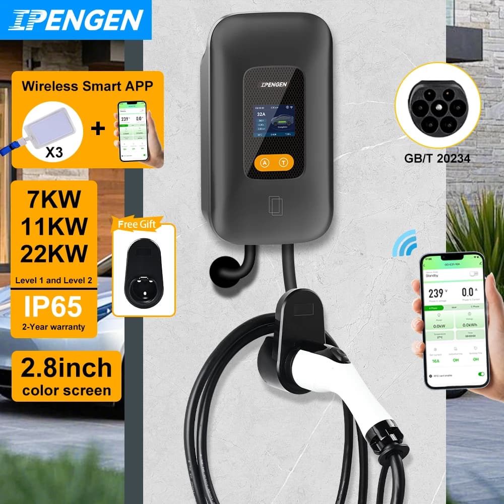 IPENGEN EV Stazione di ricarica GBT 20234 Caricabatteria per auto elettrica 7.6/11KW/22KW 16A/32A 1P/3P EVSE Wallbox WiFi APP telecomando