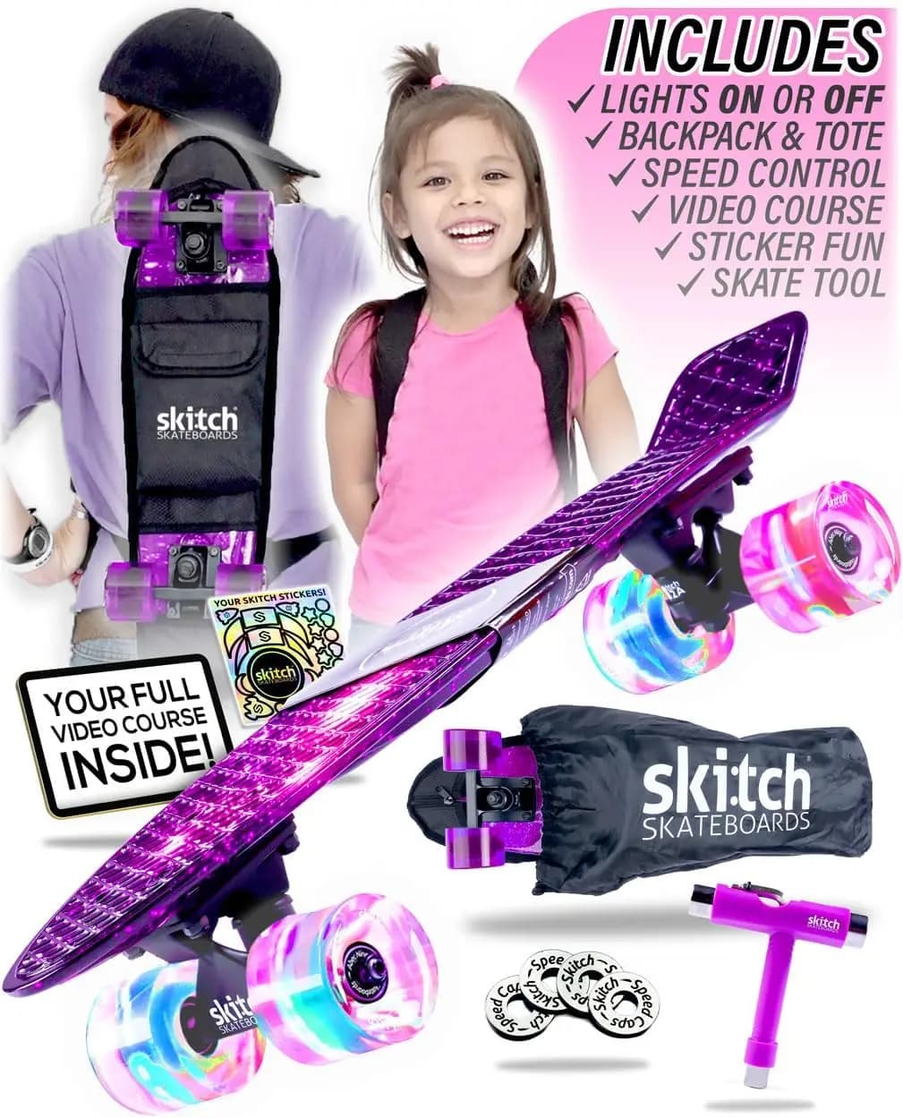 Set completo di skateboard per principianti e professionisti con tavola da crociera, zaino, corso video e strumenti