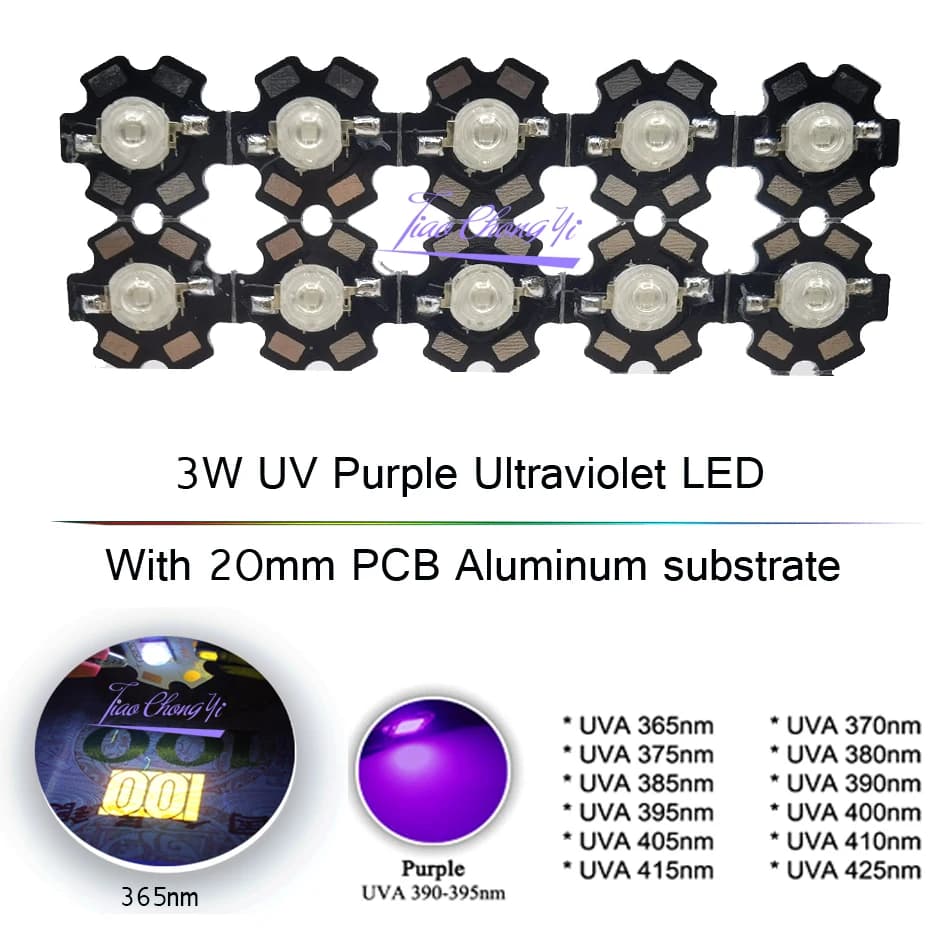 10 pz 3 W UV Viola LED Lampadine Ultraviolette Lampada SMD 365nm 375nm 380nm 385nm 395nm 405nm 420nm con 20mm PCB Supporto In Alluminio