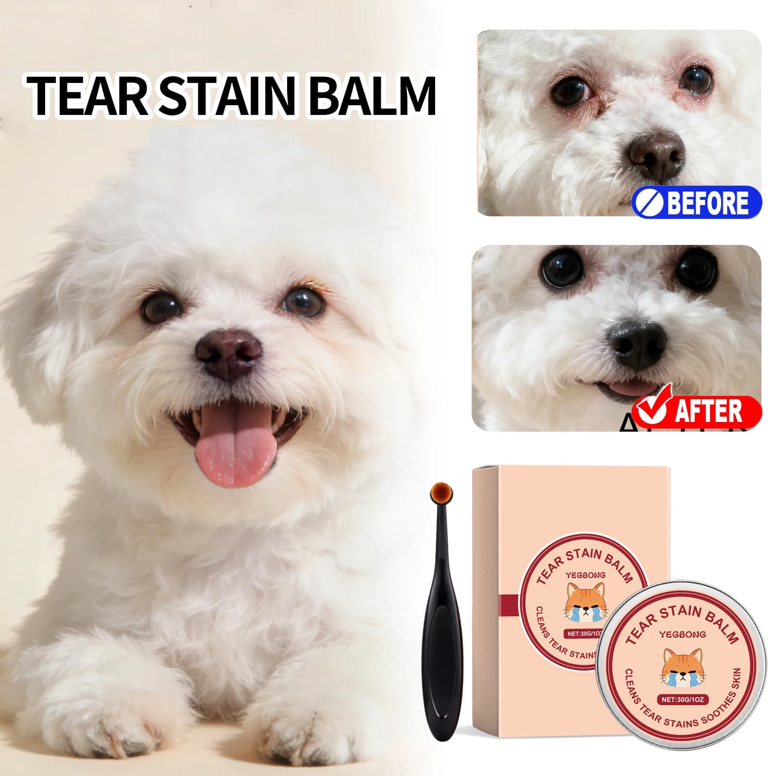 Crema detergente per macchie lacrimali di cani e gatti con spazzola speciale, formula naturale, pulizia profonda, mantiene asciutto, crema per la rimozione delle macchie lacrimali degli animali domestici