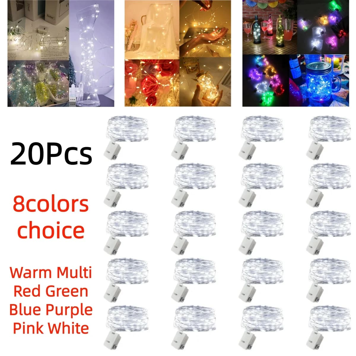 20 luci fatate a LED in 8 colori, luci colorate per atmosfera, alimentate a batteria, per decorazioni natalizie, per esterni, per feste