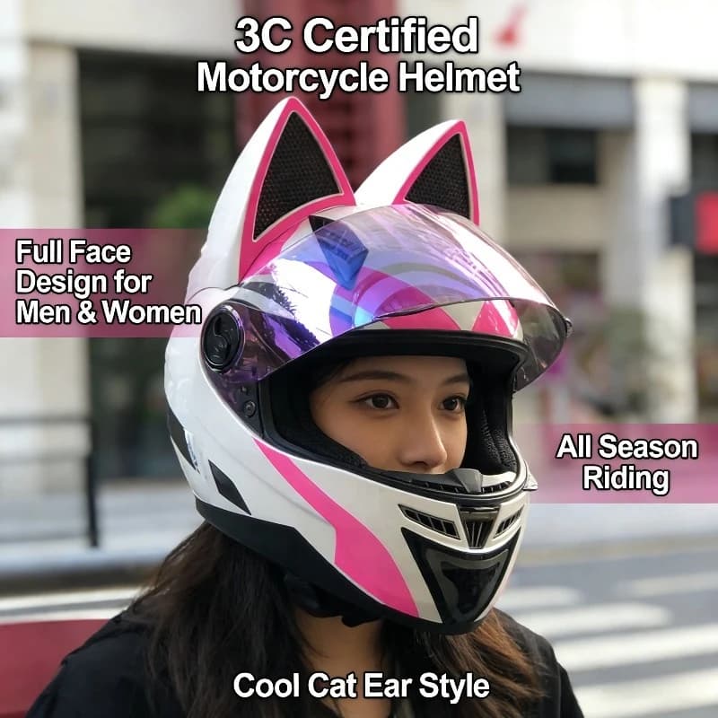 Unisex Motorcycle Helmet Integrated 3C Homologate, Racing Helmet for All Seasons with Elegant Decoration in Horn and Bike Cat Earrings Roads