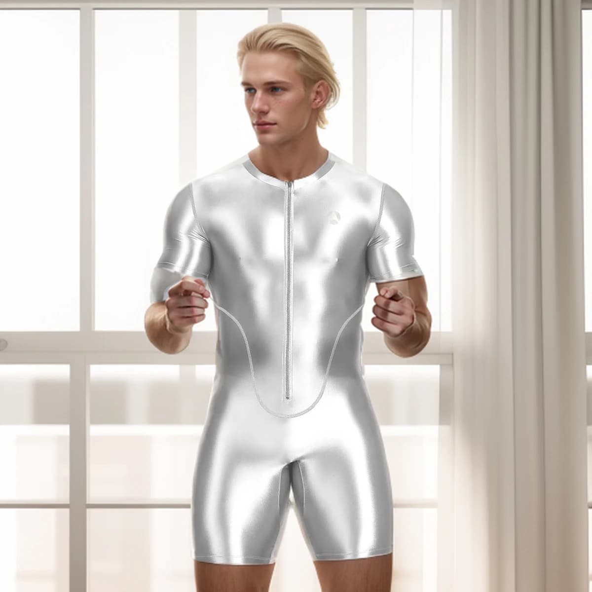 AMORESY Uomo Raso Lucido Manica Corta Al Ginocchio Bodybuilding Costumi da Bagno Abbigliamento Sportivo Tuta Fitness