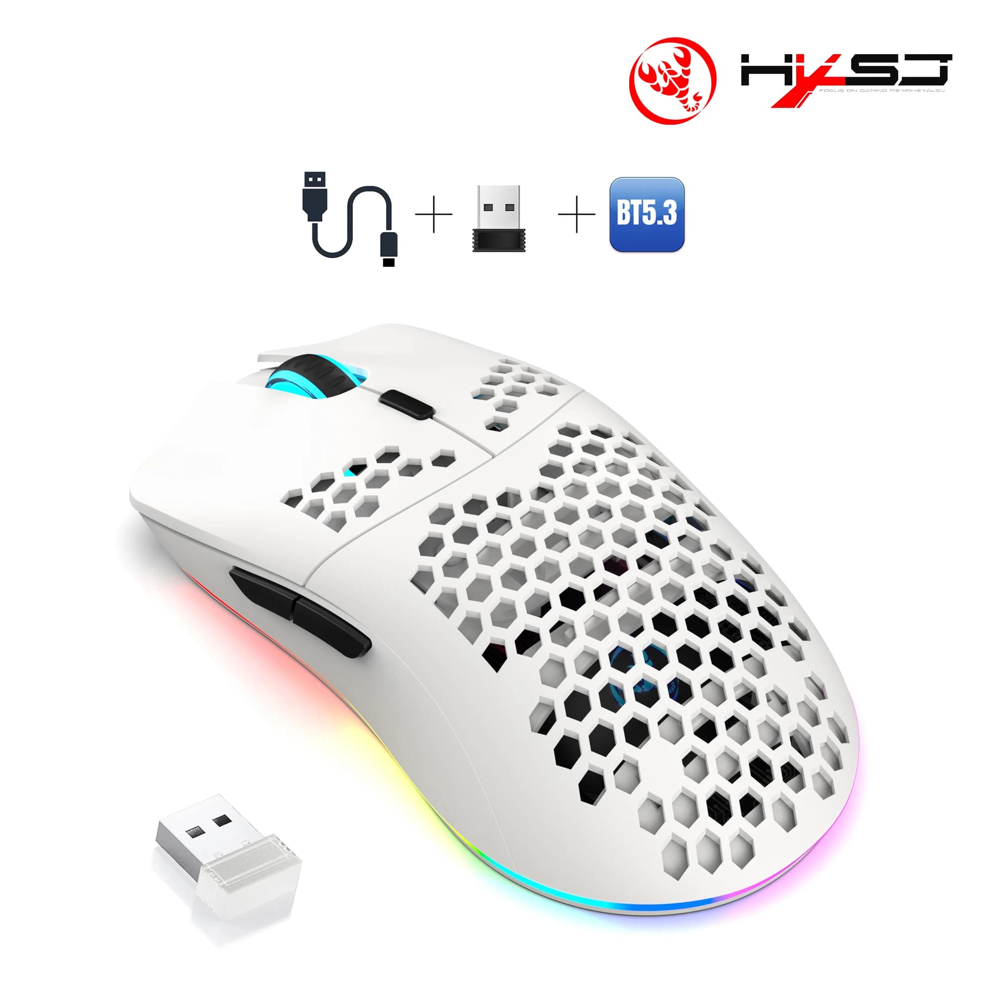 HXSJ T66 Mouse wireless da gioco a 3 modalità 10000 DPI RGB luminoso 650mAh ricaricabile 6 pulsanti mouse macro programmabili per PC desktop