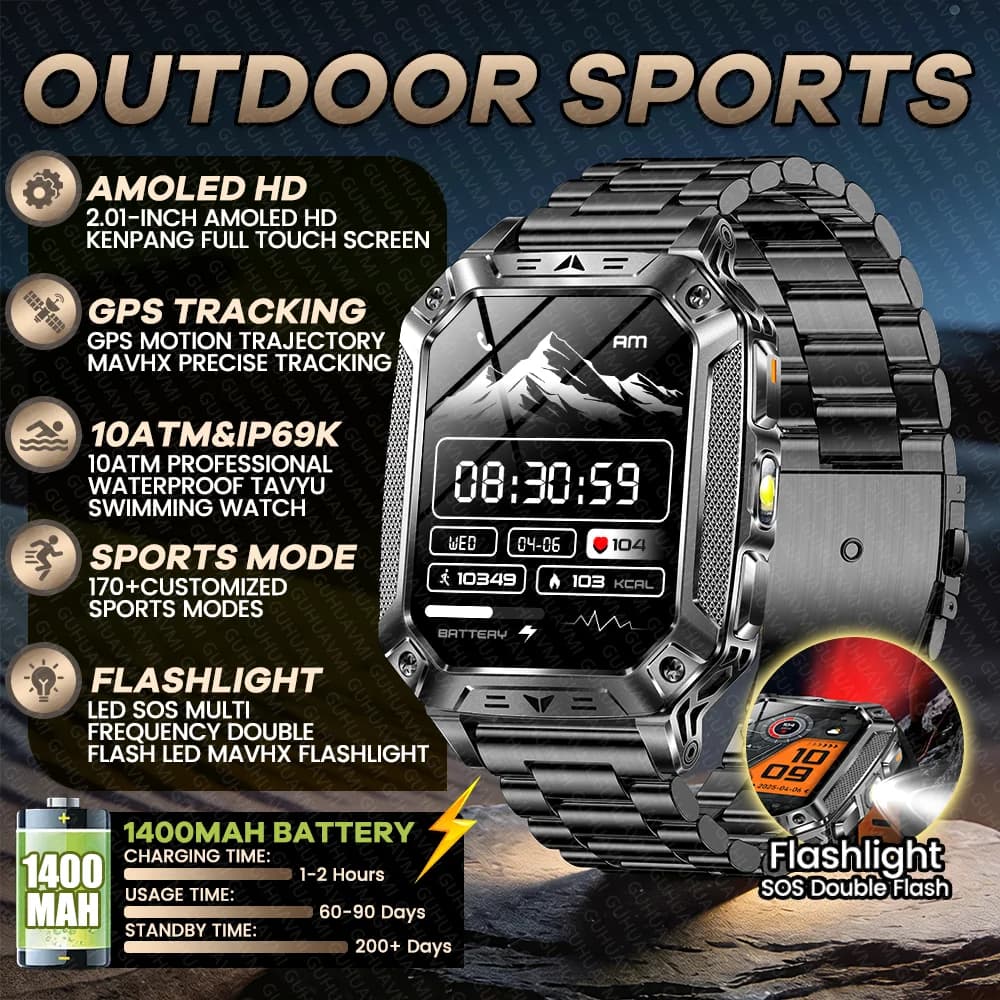 Nuovo Smartwatch da Esterno con Batteria da 1400mAh, Display AMOLED HD da 2.01'', Chiamate Bluetooth, GPS, Impermeabile 10ATM, Orologio Sportivo da Uomo