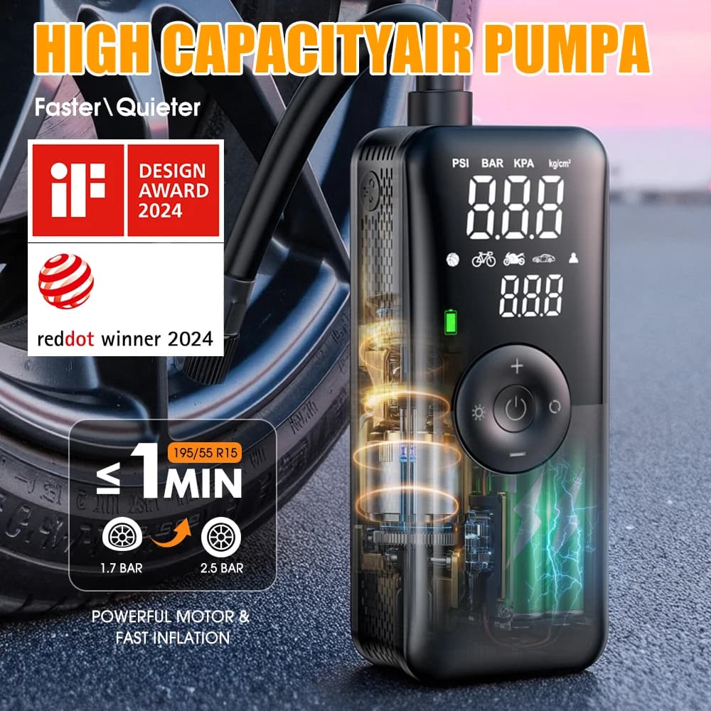 CARSUN 150PSI Wireless Rechargeable Tire Inflator Digital Air Compressor for Car Bike Balls 2024 Red Dot and iF Award Winner