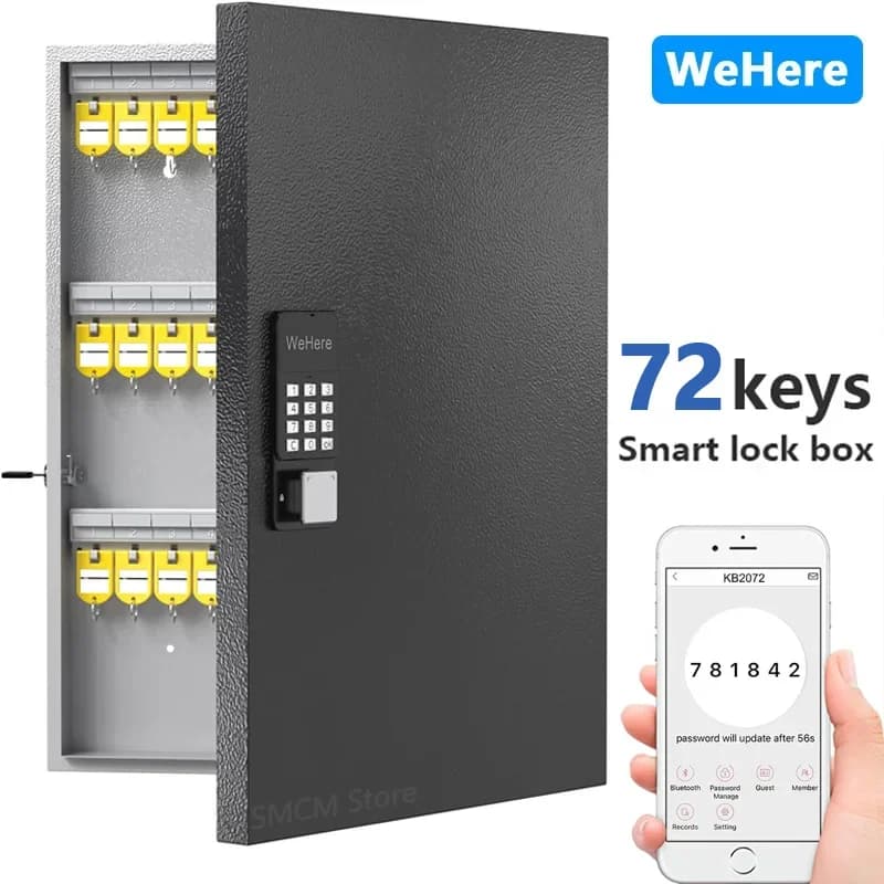 WeHere 72 Cassetta di sicurezza per chiavi, Armadietto intelligente per chiavi montato a parete, OTP/APP Bluetooth/Codice fisso Sblocco Gestione chiavi sicura