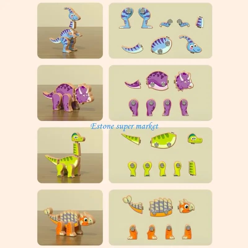 090B Giocattolo puzzle impilabile per dinosauri in legno per bambini, per lo sviluppo delle abilità motorie e l'apprendimento 4