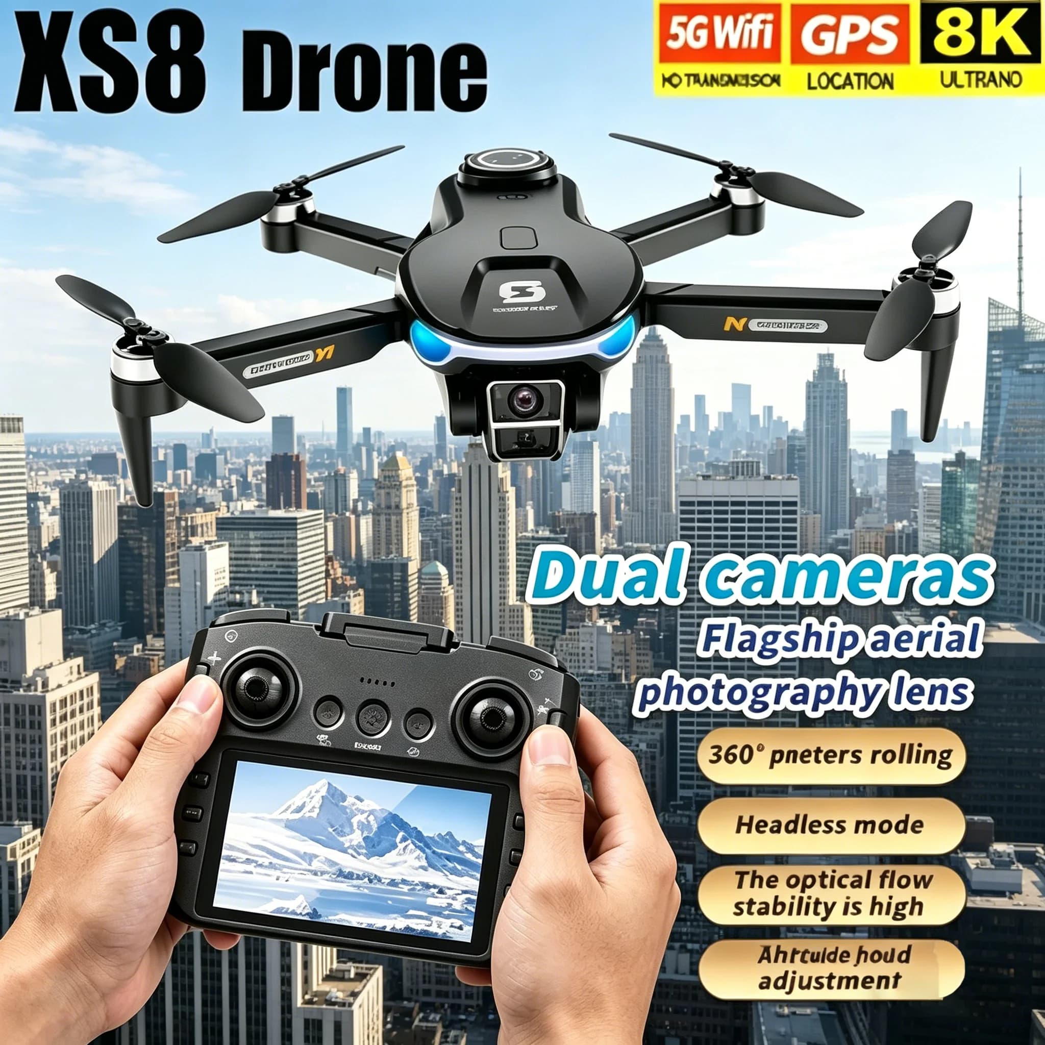 Drone GPS Professionale HD 8K con Esacottero Pieghevole, Fotocamera 4K, Evitamento Ostacoli, Ritorno Automatico, FPV, Giocattolo RC per Fotografia Aerea