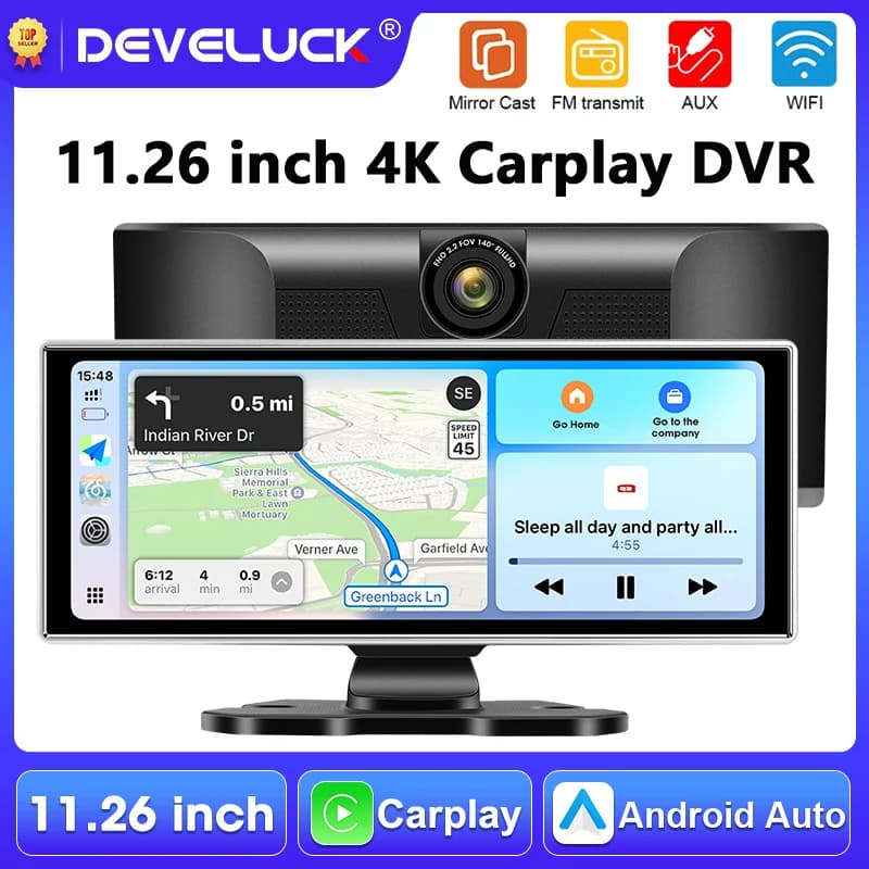 Portable 11.26 inch car DVR camera, 4K, with Carplay and Android Auto wireless, GPS navigation, video recorder for dashboard, BT, FM, AUX