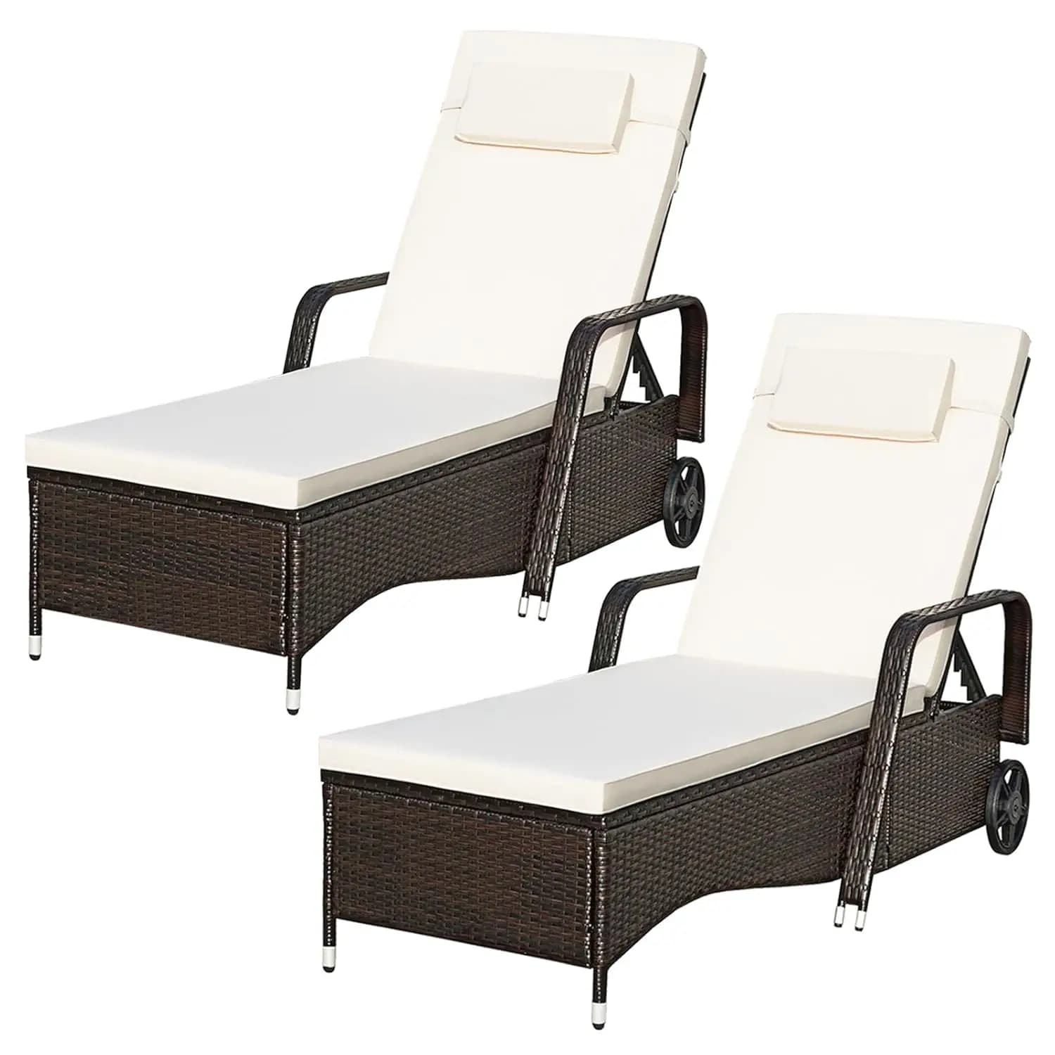 2 Chairs in Rattan PE with Wheels, 79 Inch, Adjustable Back, Bearing, For Outer, Pool, Garden, Customizable
