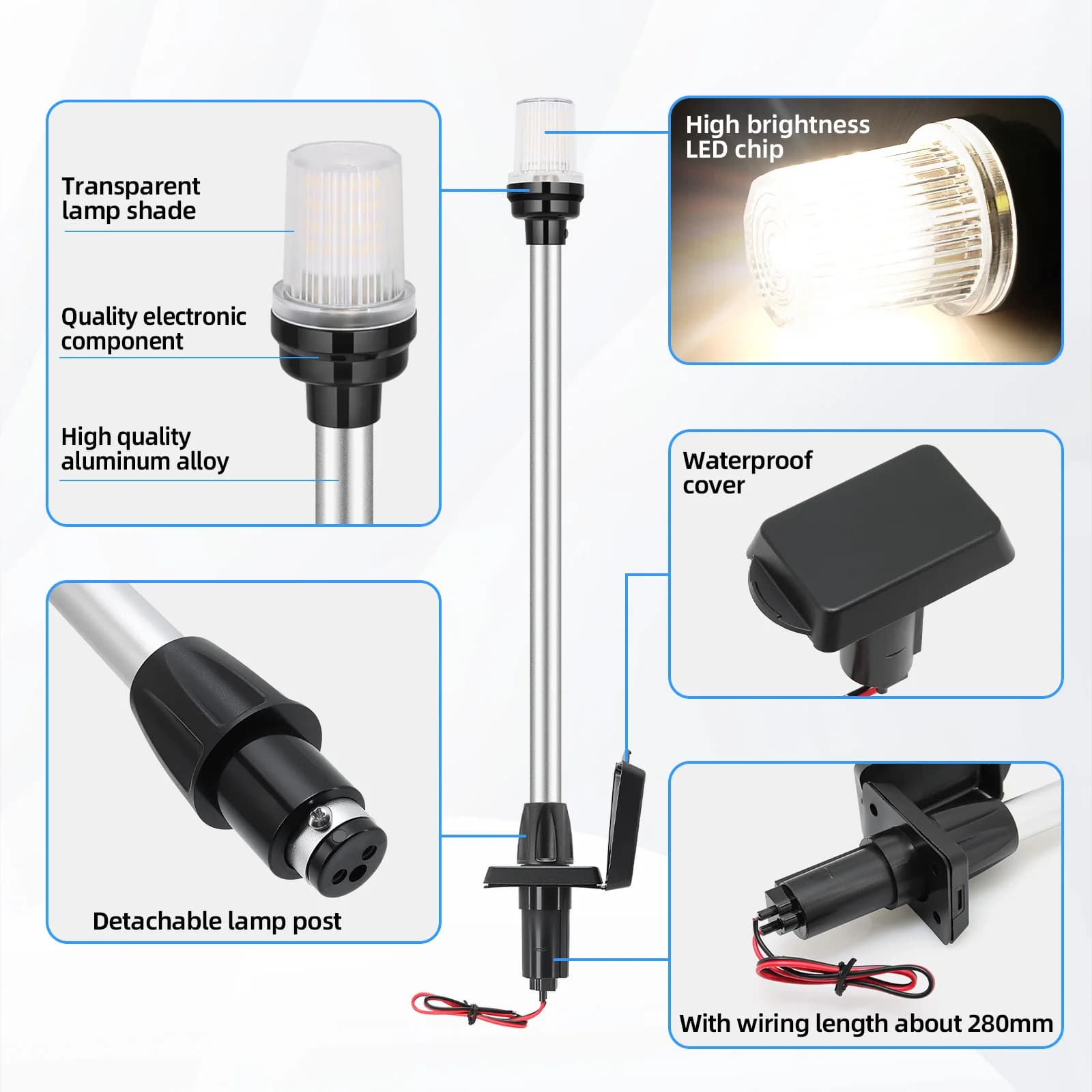Luce di Navigazione LED per Poppa 22 Pollici Impermeabile 360° ° Luce per palo dell'ancora marina con spina a 2 pin e base angolata per barche e yacht DC12V24V