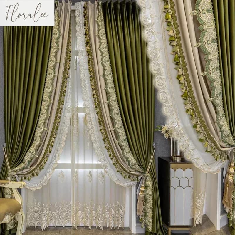 Luxurious French Olive Green Velvet Tents For Bedroom Living Room French Window Screen For Window Custom Home Decorations White Tulle