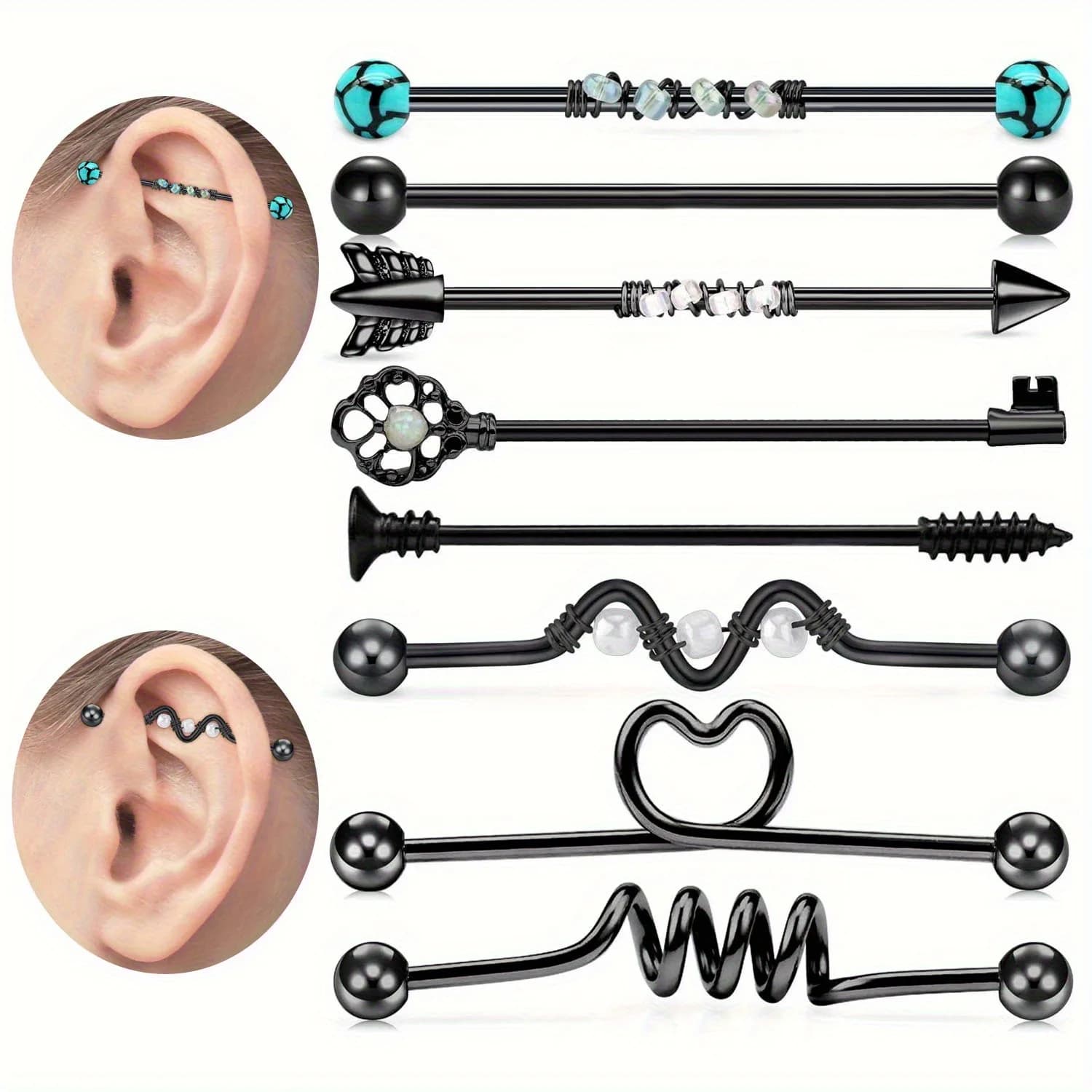 8pcs14G Stainless Steel Industrial Barbell Earring Cartilage Body Piercing Jewelry 38mm Multiple Styles Industrial Piercing Bar
