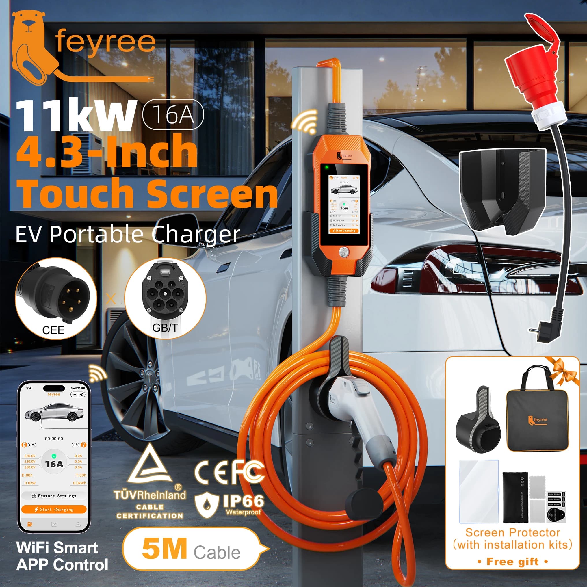 Caricatore EV Portatile Feyree 11kW 16A 3P con Spina GB/T, Touchscreen da 4.3" e Cronologia Cariche, Controllo APP WIFI, EVSE Intelligente per Veicoli Elettrici