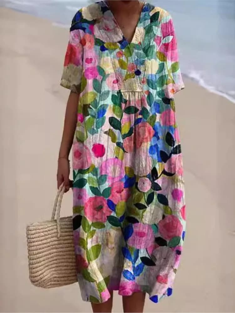 Women's Summer Dress with Print New Fashion V-neck Short Sleeve Dresses Loose Holiday Dresses on Women's Beach Robe Femme