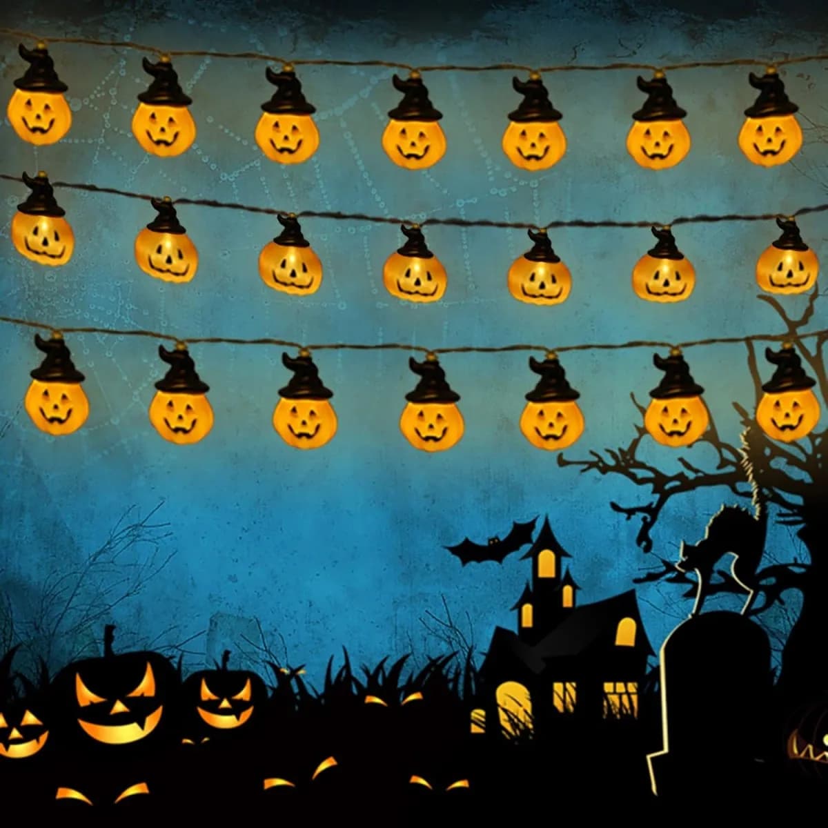 1PC 10/20 LED Halloween piccola zucca con cappello nero luci della stringa a batteria per finestre domestiche decorazioni da giardino per interni ed esterni