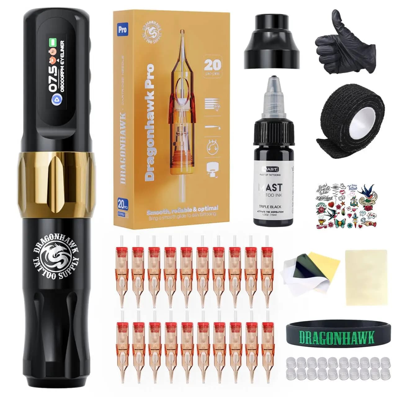 Dragonhawk Atom2 Macchina per Trucco Permanente Penna senza Fili 800 mAh Kit Completo con 20 Cartucce di Aghi Professionali per Principianti