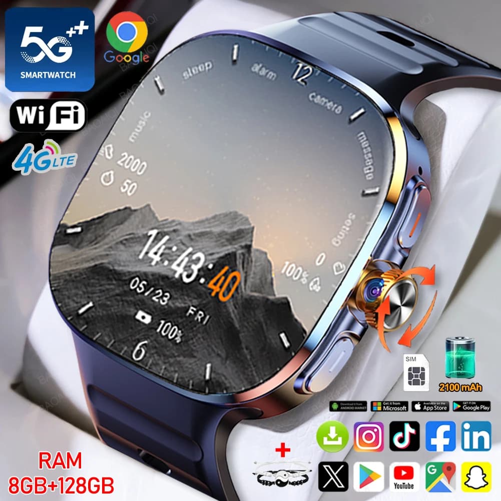 5G/4G Full Network Smart Watch 2.40 pollici 720*720 AMOLED Schermo Videochiamata 8GB + 128GB RAM 2100 mAh Google Play WIFI GPS Smartwatch
