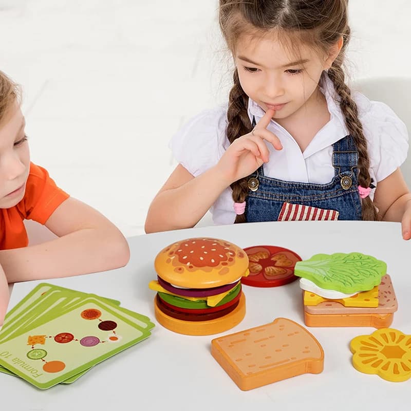 ·NewWooden Hamburg Sandwich Stacking Toys For Kids Montessori Preschool Educational Toys Fine Motor Skill Kitchen Toy·
