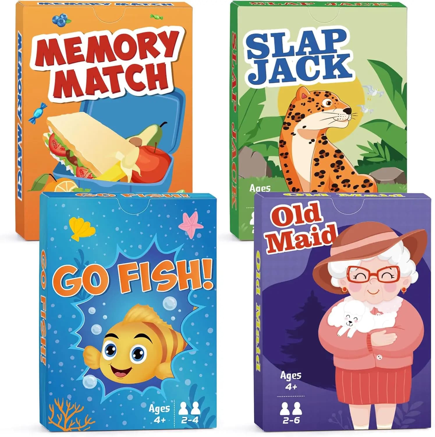 4 Giochi di Carte Classici in 1 Confezione: Go Fish, Old Maid, Slap Jack e Memory Match - Divertente Serata di Giochi in Famiglia