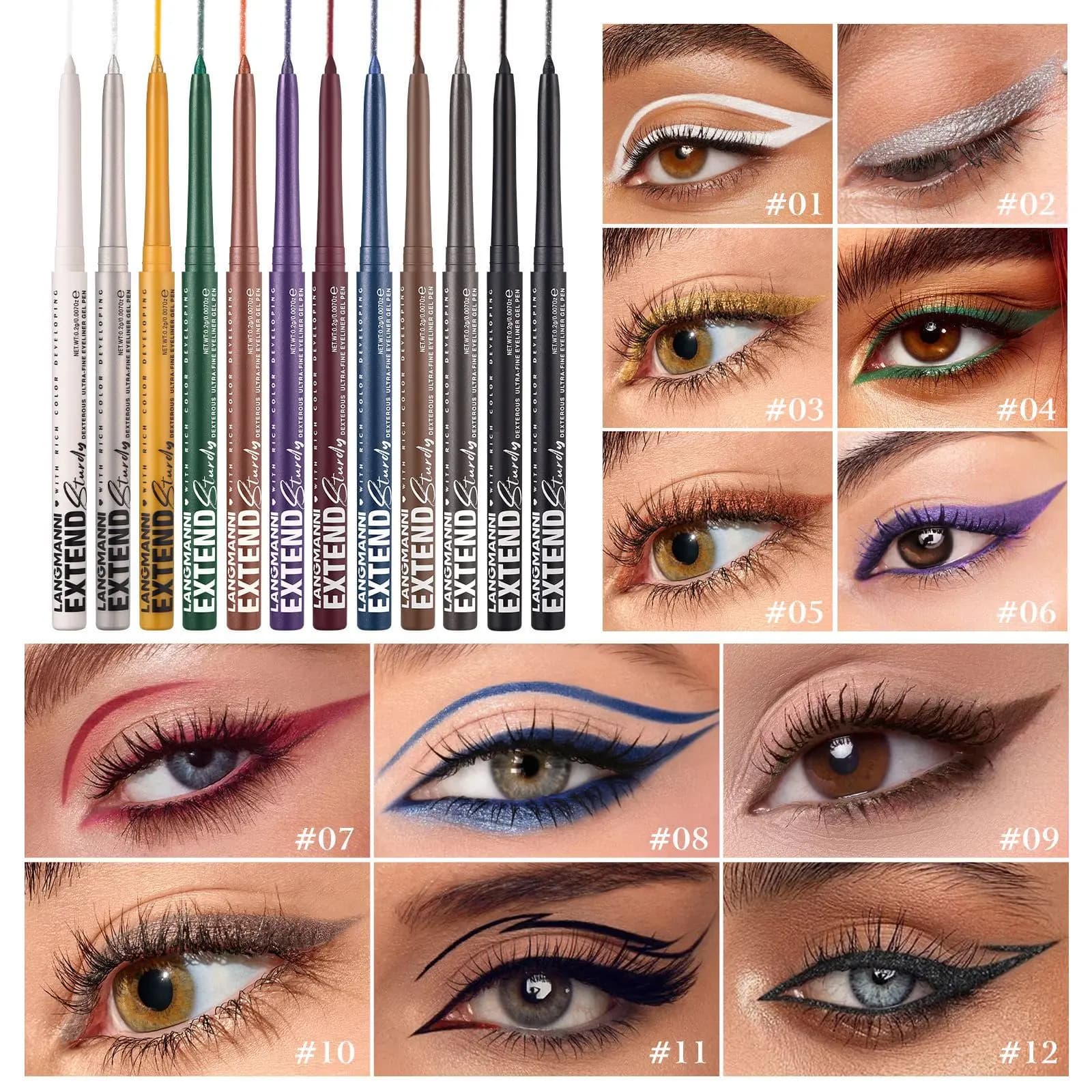 LANGMANNI penna gel eyeliner singola a 12 colori senza sbavature penna eyeliner rotante impermeabile resistente al sudore