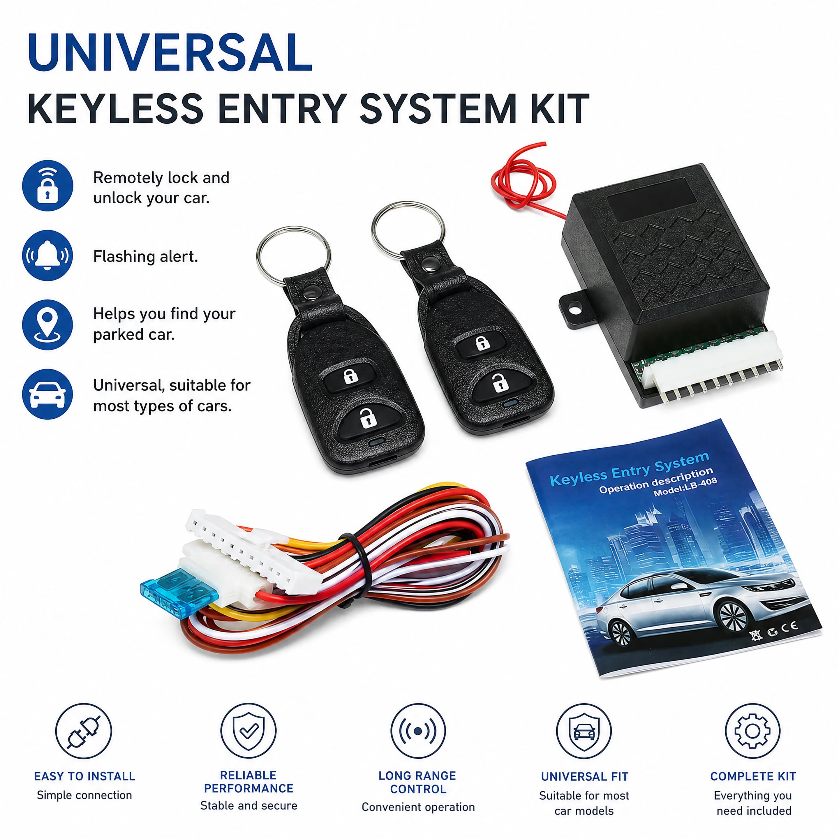 Kit Universale 12V per Auto con Allarme Centrale Remoto, Sistema di Chiusura Centralizzata Senza Chiave con 2 Telecomandi
