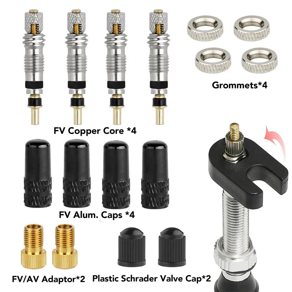 Bicycle Presta Tubeless Valve Core Kit Removable Aluminum Alloy Presta Valve Stem Caps Bike Tubeless Tire Valve Repair Tools